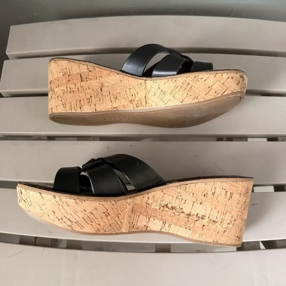 Sam Edelman Raynere Leather Cork Wedge  Platform Slide Sandals Black Women’s 6.5